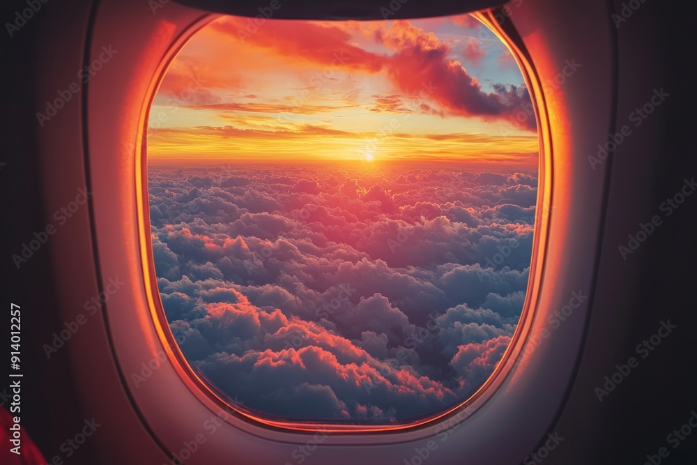 A window on an airplane, looking out at a vibrant sunset above the clouds. A window on an airplane, looking out at a vibrant sunset above the clouds.