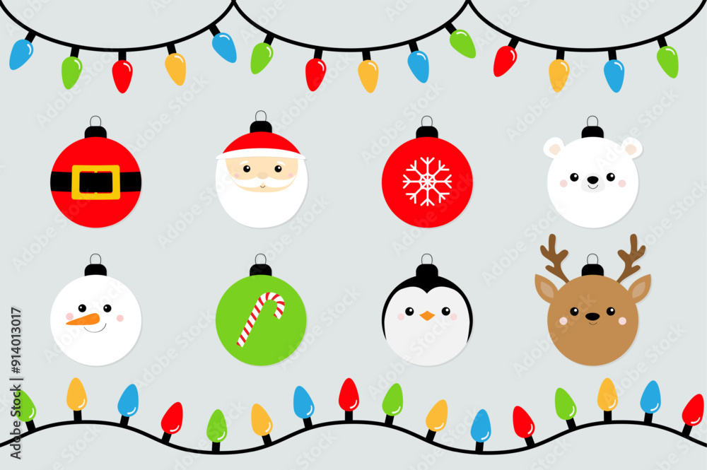 Fototapeta premium Christmas lights set. Lightbulb glowing garland. Christmas ball. Cute Santa Claus belt, bear, snowman, deer face, snowflake, candy cane, penguin. Happy New Year. Flat design. White background Vector