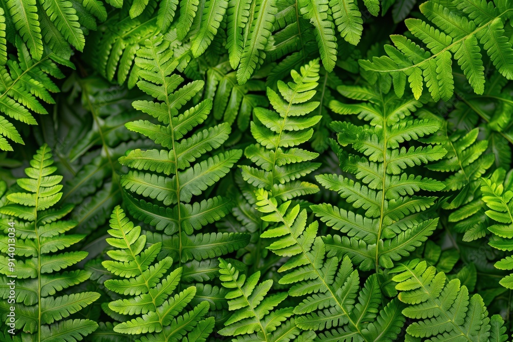 Close-up view of lush green fern leaves radiating natural beauty in a forest setting Close-up view of lush green fern leaves radiating natural beauty in a forest setting