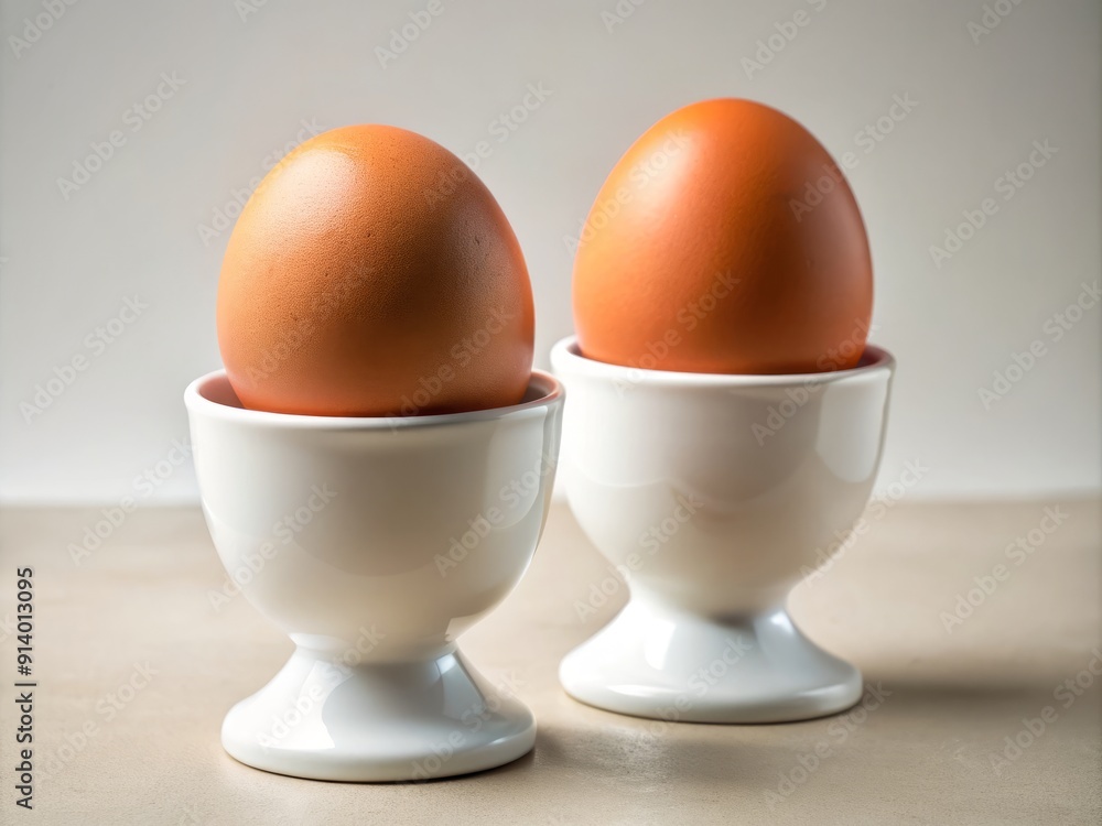 A pair of neatly arranged boiled eggs sit upright in a small, white ceramic cup on a neutral background. A pair of neatly arranged boiled eggs sit upright in a small, white ceramic cup on a neutral background.