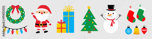 Merry Christmas icon set. Snowman, Santa Claus, fir tree, gift box, Santa socks, ball toys, Christmas light Lightbulb glowing garland, door wreath. Cute character. Flat design. White background Vector