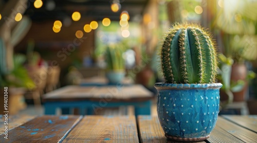 Cactus on a Wooden Table in a Cafe