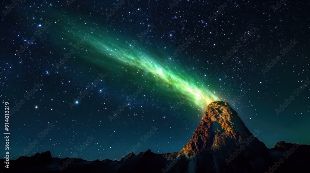 Mountain Peak Under a Comet and a Starry Sky Mountain Peak Under a Comet and a Starry Sky