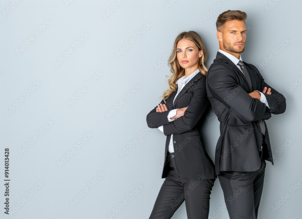 A businessman and businesswoman in their 30s, standing back-to-back with arms crossed A businessman and businesswoman in their 30s, standing back-to-back with arms crossed
