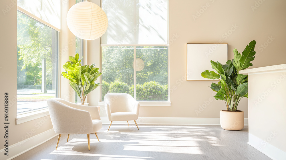 Fototapeta premium Elegant waiting area with white chairs and large windows for ample sunlight