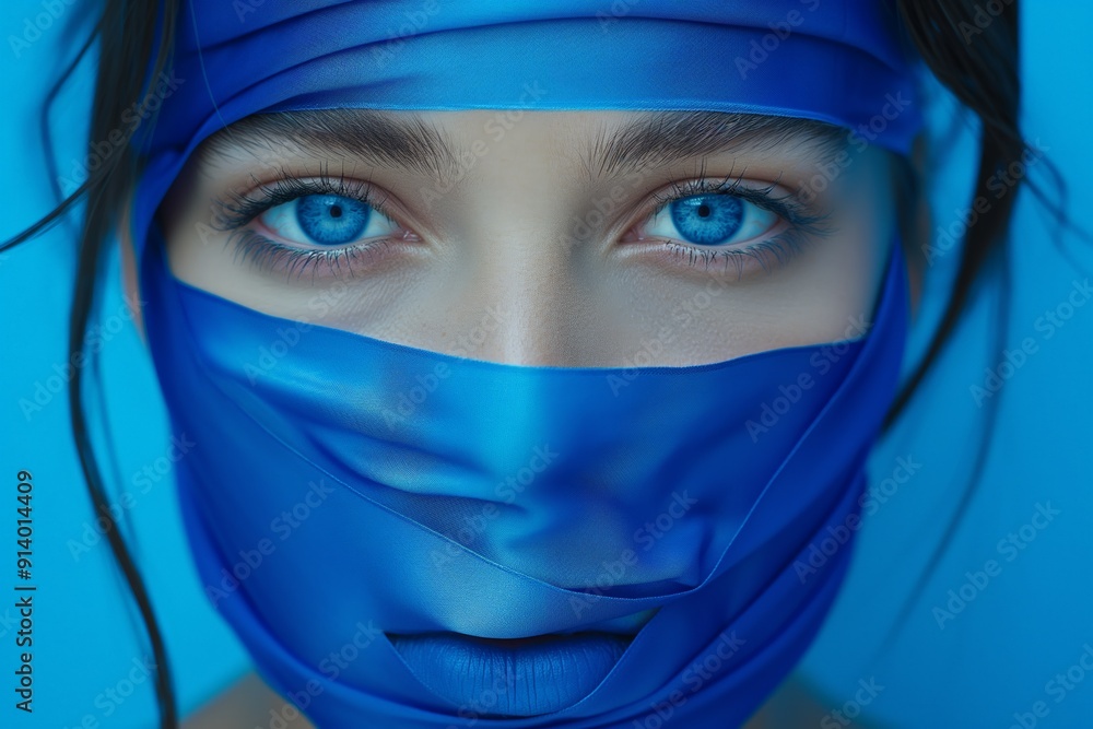 Close-up portrait of a woman with bright blue eyes, wrapped in blue fabric, emphasizing striking features and color contrast. Close-up portrait of a woman with bright blue eyes, wrapped in blue fabric, emphasizing striking features and color contrast.