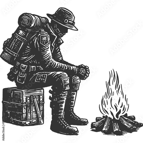 Underneath the Ember's Glow Vintage Illustration Vector