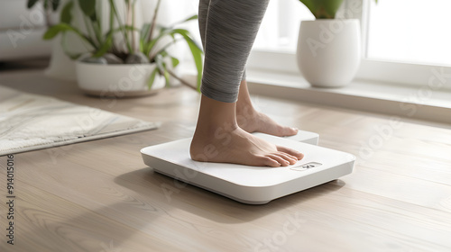 Woman standing on a smart scale while checking her weight and body mass index.
