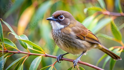 A small, brown-plumed bird with a distinctive white eye stripe perches on a eucalyptus branch, surrounded by lush green foliage in the Australian wilderness. photo