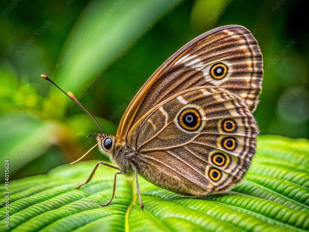Macro image of Striped Ringlet butterfly, Ragadia makuta umbrata, perched on a leaf, showcasing intricate wing patterns and colors in a lush rainforest jungle setting. Macro image of Striped Ringlet butterfly, Ragadia makuta umbrata, perched on a leaf, showcasing intricate wing patterns and colors in a lush rainforest jungle setting.