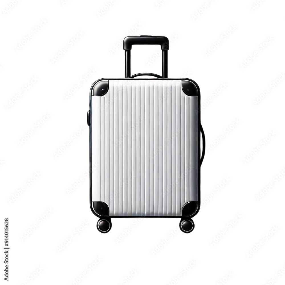 A white suitcase with black handles and wheels on a transparent background. The suitcase is upright with an extended handle A white suitcase with black handles and wheels on a transparent background. The suitcase is upright with an extended handle