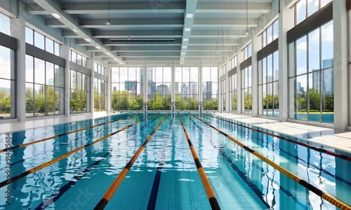 A spacious indoor swimming pool with clear blue water and lane dividers, surrounded by large windows offering a view of the cityscape and greenery, creating a bright and modern aquatic facility photo