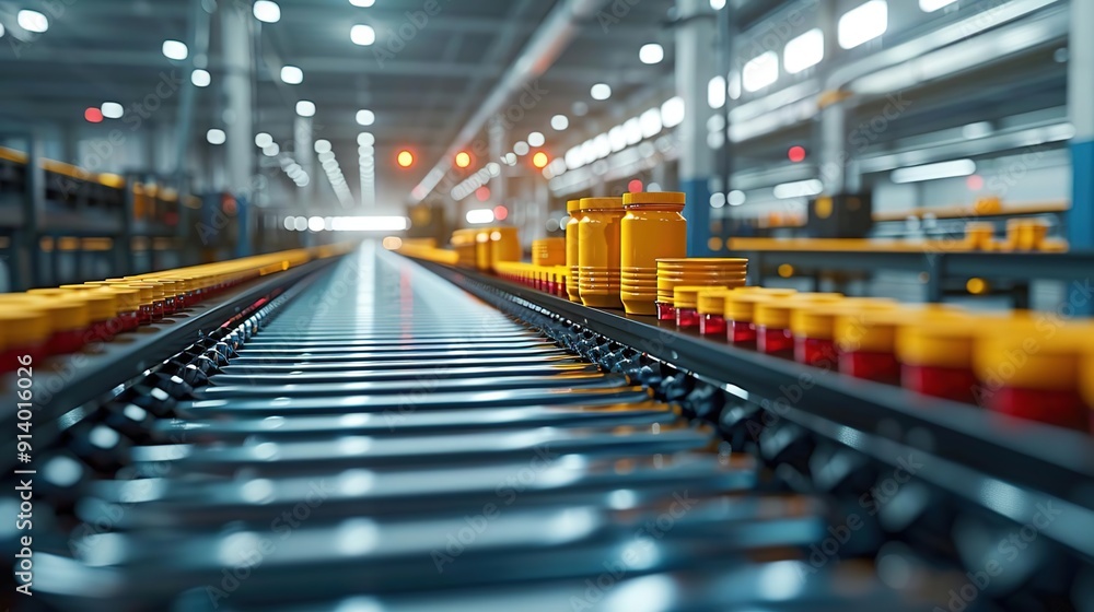 Conveyor Belt with Yellow Jars in Factory Setting Conveyor Belt with Yellow Jars in Factory Setting