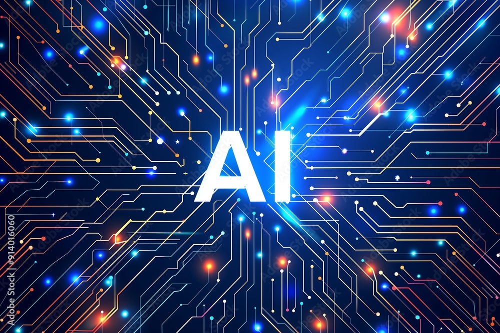 AI circuit board with glowing connections on dark background AI circuit board with glowing connections on dark background