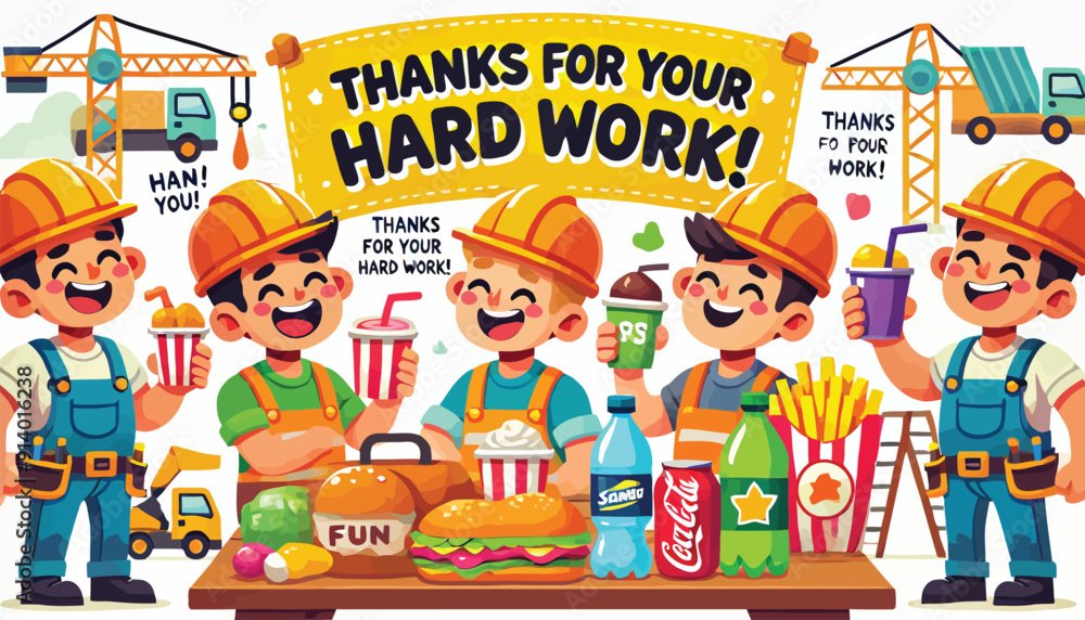 Cartoon construction workers having a fun break, enjoying snacks and drinks Cartoon construction workers having a fun break, enjoying snacks and drinks