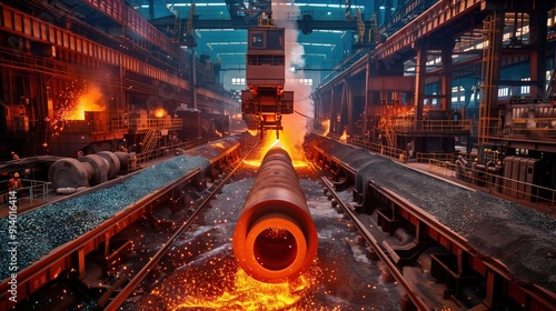 Production process at a steel plant. Work in the foundry. The process of work at a metallurgical plant. Metallurgists. Blast furnace. Melting metal. Domna. Conveyor.  photo