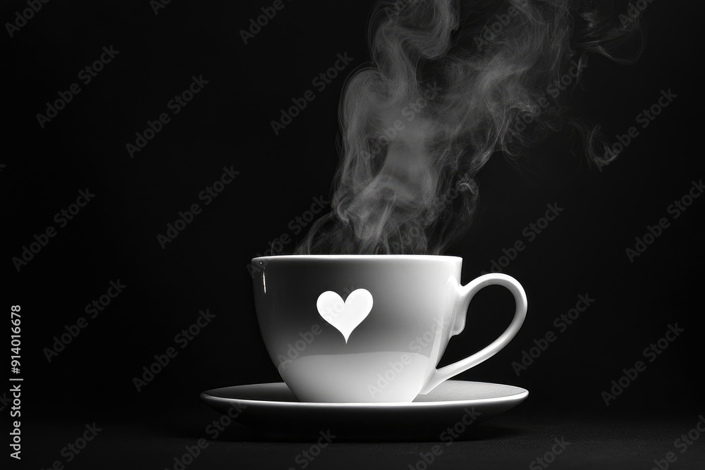 White coffee cup with smoke, and shadow from handle in heart form, isolated on black background, drink concept whit generative ai White coffee cup with smoke, and shadow from handle in heart form, isolated on black background, drink concept whit generative ai