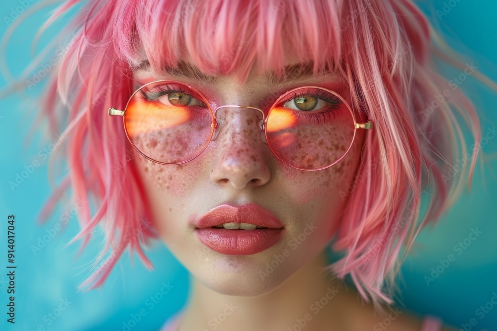Close-up portrait of a woman with pink hair and colorful makeup, wearing pink-tinted glasses. Close-up portrait of a woman with pink hair and colorful makeup, wearing pink-tinted glasses.