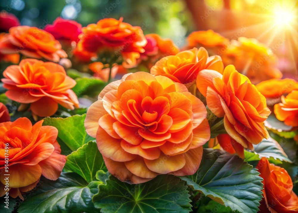 Vibrant orange begonias with large, velvety petals and fresh green leaves shine against a soft, sun-kissed background of lush summer blooms in radiant afternoon light. Vibrant orange begonias with large, velvety petals and fresh green leaves shine against a soft, sun-kissed background of lush summer blooms in radiant afternoon light.
