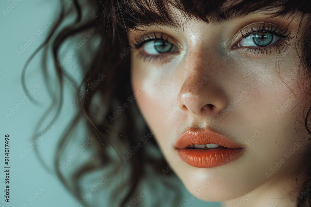 Close-up portrait of a woman with freckles, curly hair, and intense green eyes. Close-up portrait of a woman with freckles, curly hair, and intense green eyes.
