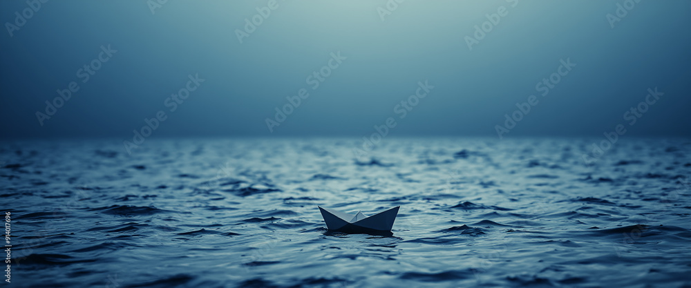 Fototapeta premium illustrazione con piccola imbarcazione di carta che galleggia in una distesa d'acaua