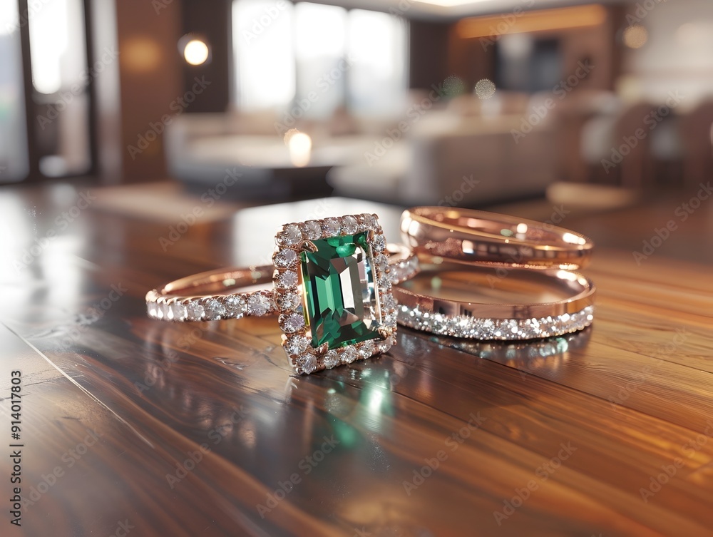 Exquisite Rose Gold and Emerald Solitaire Rings Displayed on Warm Wooden Surface in Refined Loft Interior Exquisite Rose Gold and Emerald Solitaire Rings Displayed on Warm Wooden Surface in Refined Loft Interior