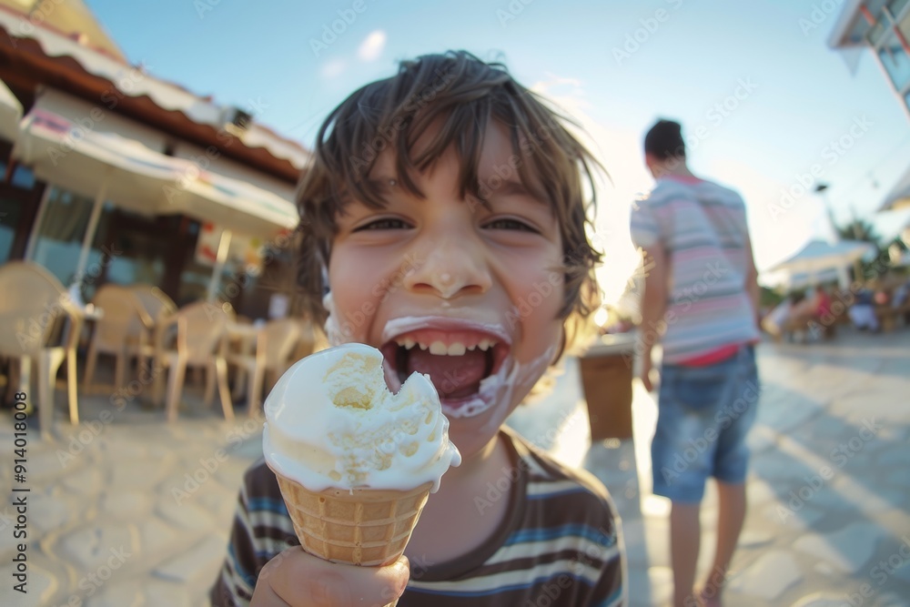 A child experiences bliss with an ice cream cone. Sweet young boy bushy hairstyle radiating pure joy. Scene depicts enchanting vibrancy of child's playful world. A child experiences bliss with an ice cream cone. Sweet young boy bushy hairstyle radiating pure joy. Scene depicts enchanting vibrancy of child's playful world.