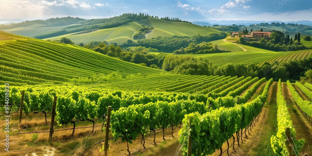 Fototapeta premium Sunset over vineyards, A picturesque vineyard landscape, symbolizing agriculture and wine production, with copyspace