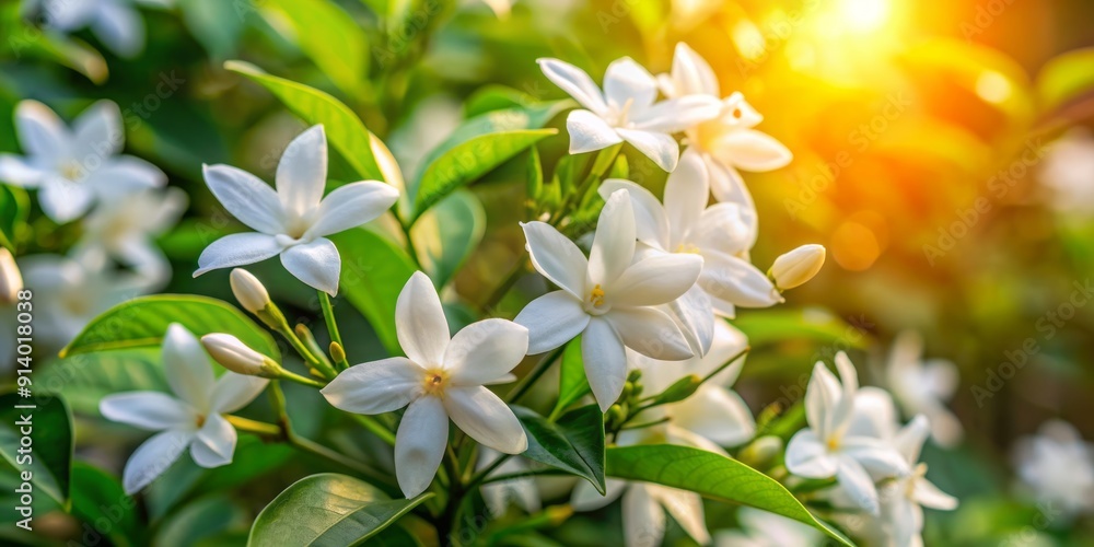 Delicate white jasmine flowers bloom in the garden, showcasing intricate petals and sweet fragrance, surrounded by lush green leaves in a serene outdoor setting. Delicate white jasmine flowers bloom in the garden, showcasing intricate petals and sweet fragrance, surrounded by lush green leaves in a serene outdoor setting.