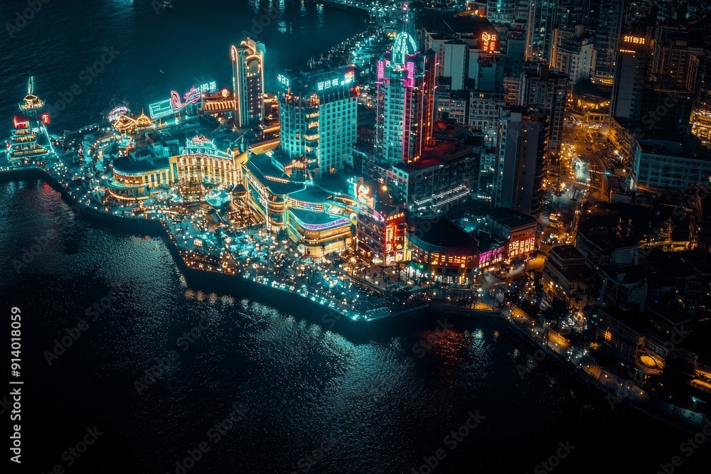 Naklejka premium Artistic aerial view of a bustling coastal city at night, where neon signs and lit-up buildings reflect off the dark water. 