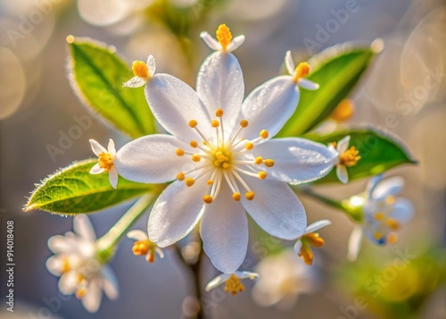 Delicate Winter Cherry flower Wrightia antidysenterica resembling a snowflake, with intricate white petals and yellow center, isolated on a soft focus background with ample copy space.