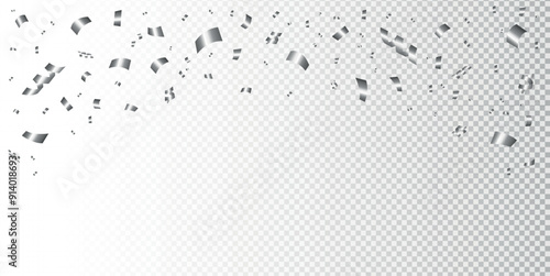 Confetti explosion. Celebration background with silver confetti isolated on transparent background. Shiny silver paper cuts. Confetti, serpentine, tinsel falling. Decoration for birthday, holiday.