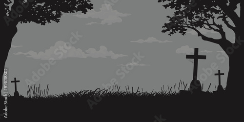 Graveyard silhouetted frame monochromatic colors flat design graphic illustration have blank space.