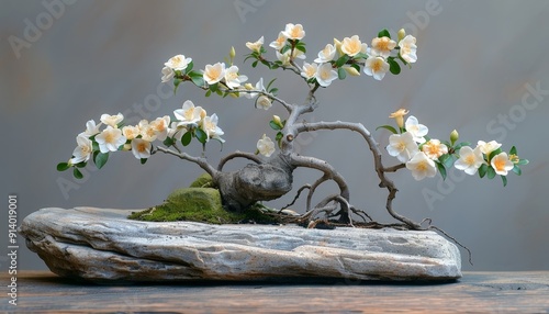 A bonsai Clinging to Rock, with delicate flowers and roots entwined around a rock photo