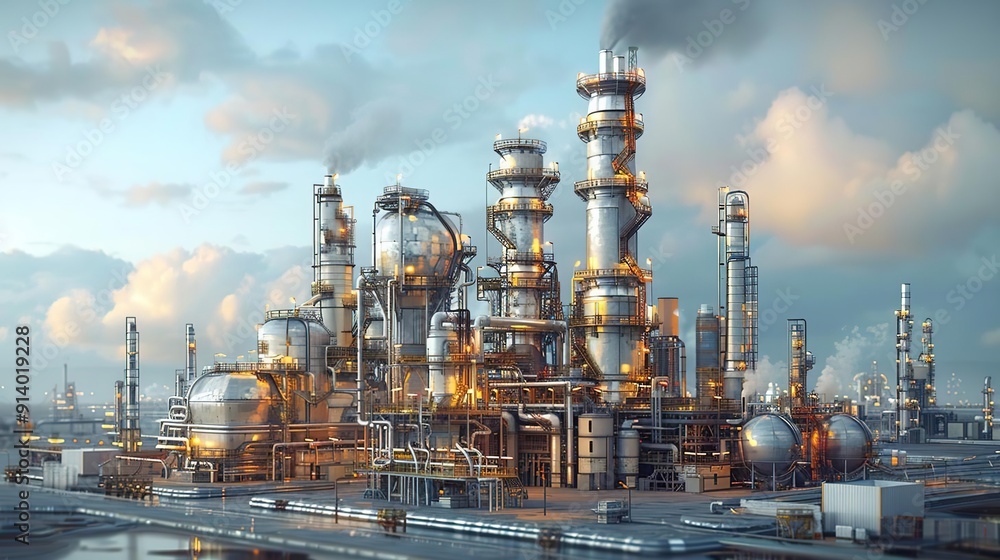 Industrial Refinery Complex: Towers, Pipes, and Tanks Industrial Refinery Complex: Towers, Pipes, and Tanks