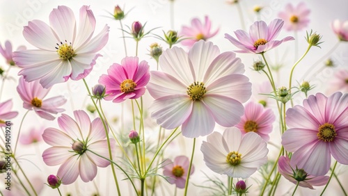 Delicate, feathery cosmos petals softly scattered isolated on a pure white background, showcasing their intricate, lacy details and gentle, curved shapes in soft focus.