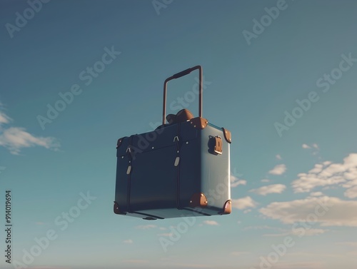 Minimalist 3D Rendered Suitcase and Jet Setting Accessories Floating in Serene Sky photo