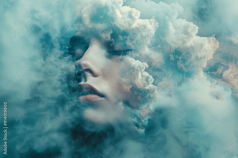 Dreamy portrait of a woman with closed eyes, her face blending into a cloudy sky, creating a surreal and peaceful scene. Dreamy portrait of a woman with closed eyes, her face blending into a cloudy sky, creating a surreal and peaceful scene.
