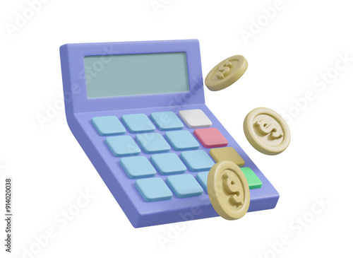 3D illustration showing an icon of a calculator and a dollar coin. which symbolizes financial calculations and management, isolated on a transparent background. photo