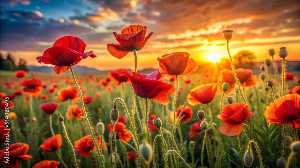 Fototapeta premium Vibrant red poppy flowers sway gently in a serene sunset-lit field, surrounded by lush greenery and warm golden hues, evoking a sense of peaceful tranquility.