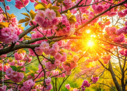 Vibrant pink and yellow blossoms unfurl from delicate branches as spring awakens, surrounded by lush green leaves and warm sunlight filtering through the tree's canopy.