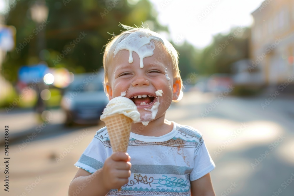 Child giggles with every bite of ice cream. Sweet and innocent child smiling joyfully comfortable home setting. Peaceful home life illustrated child's carefree smile. Child giggles with every bite of ice cream. Sweet and innocent child smiling joyfully comfortable home setting. Peaceful home life illustrated child's carefree smile.