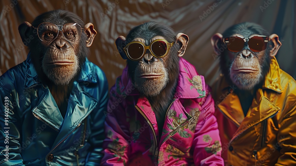 Chimpanzees are wearing sunglasses and beads. Chimpanzees are wearing sunglasses and beads.