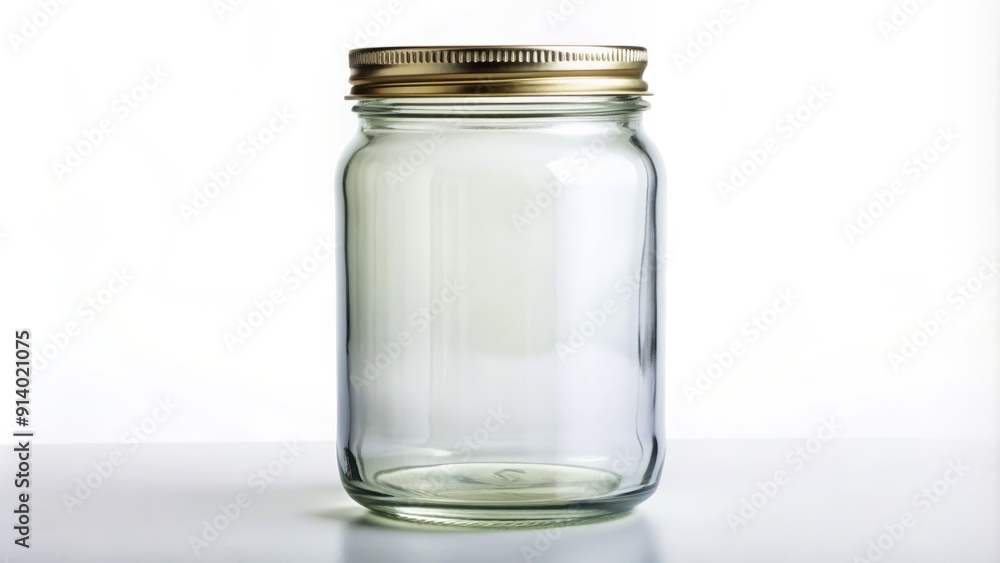 Clear glass jar with screw-top lid stands upright on a pure white background, awaiting filling with refreshing beverages or ingredients for a healthy recipe. Clear glass jar with screw-top lid stands upright on a pure white background, awaiting filling with refreshing beverages or ingredients for a healthy recipe.