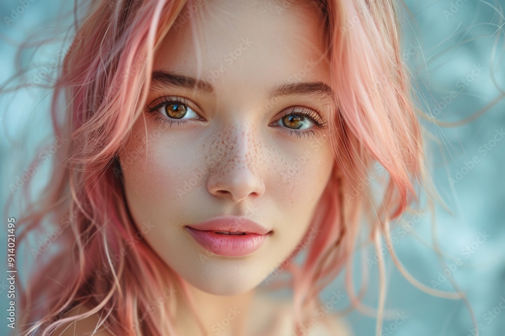 Close-up portrait of a woman with bright blue eyes and pastel pink hair, featuring her freckles and soft makeup, set against a soft background. Close-up portrait of a woman with bright blue eyes and pastel pink hair, featuring her freckles and soft makeup, set against a soft background.