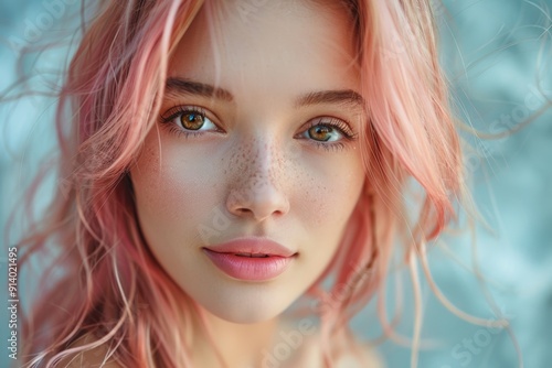 Close-up portrait of a woman with bright blue eyes and pastel pink hair, featuring her freckles and soft makeup, set against a soft background.