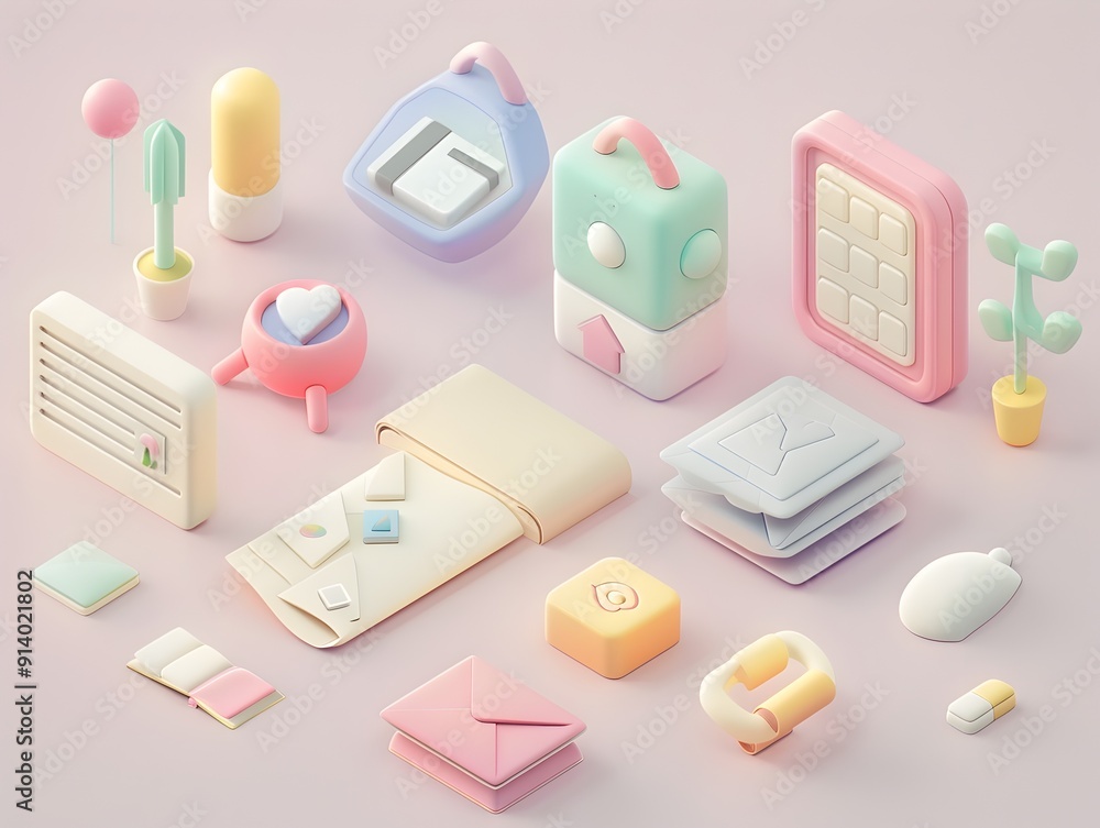 Soft toned Isometric 3D Pastel Icon Set with Whimsical Geometric Shapes and Muted Hues Soft toned Isometric 3D Pastel Icon Set with Whimsical Geometric Shapes and Muted Hues