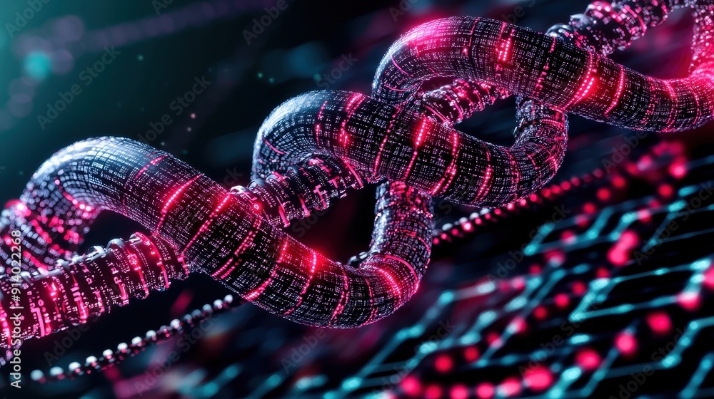 A futuristic digital chain, representing blockchain technology with vibrant red and blue lights and intricate data patterns. A futuristic digital chain, representing blockchain technology with vibrant red and blue lights and intricate data patterns.