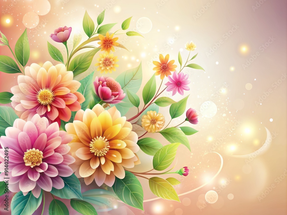 Vibrant abstract modern floral design template with elegant blooming flowers and leaves on a soft pastel background, perfect for adding your own text or logo. Vibrant abstract modern floral design template with elegant blooming flowers and leaves on a soft pastel background, perfect for adding your own text or logo.