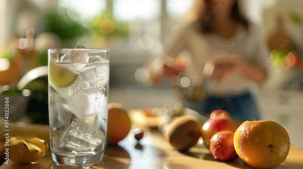 Close-up of a glass of clean cold water on the kitchen table, woman in the background preparing food. Healthy lifestyle and drinking water in quantity, metabolism. Close-up of a glass of clean cold water on the kitchen table, woman in the background preparing food. Healthy lifestyle and drinking water in quantity, metabolism.